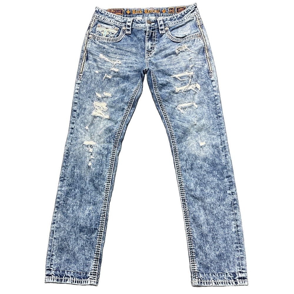 Rock Revival Jeans Mens 34x34 Ledford Straight Embroidered  Distressed Stonewash